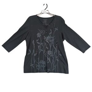Greensource Black Floral Henley Top Womens XXL Beaded Embroidered Whimsigoth Y2K